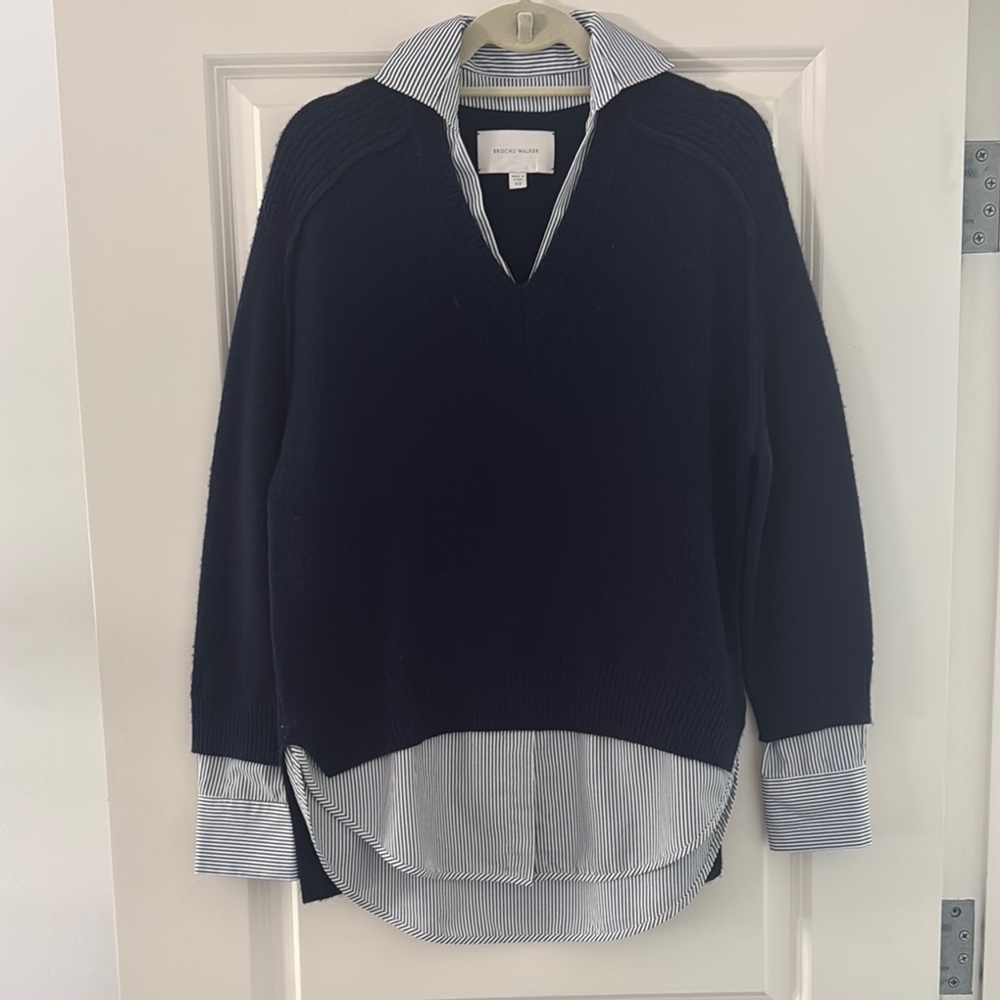 Brochu Walker Black Sweater with Striped Shirt